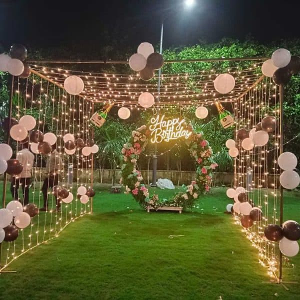 Beautiful balcony garden balloon decoration setup in Bangalore