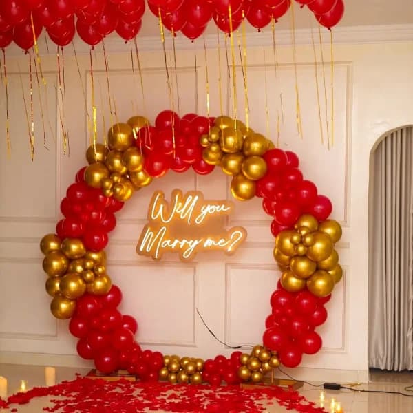 Romantic proposal balloon decoration setup in Bangalore