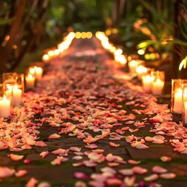 Rose petal and candle pathway setup with glowing candles lining a romantic walkway and scattered petals creating an intimate ambiance
