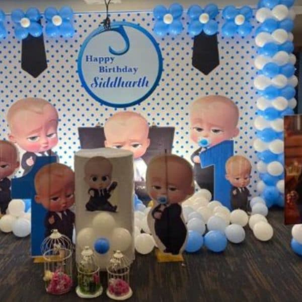 Themed birthday backdrop decoration with balloons in Bangalore